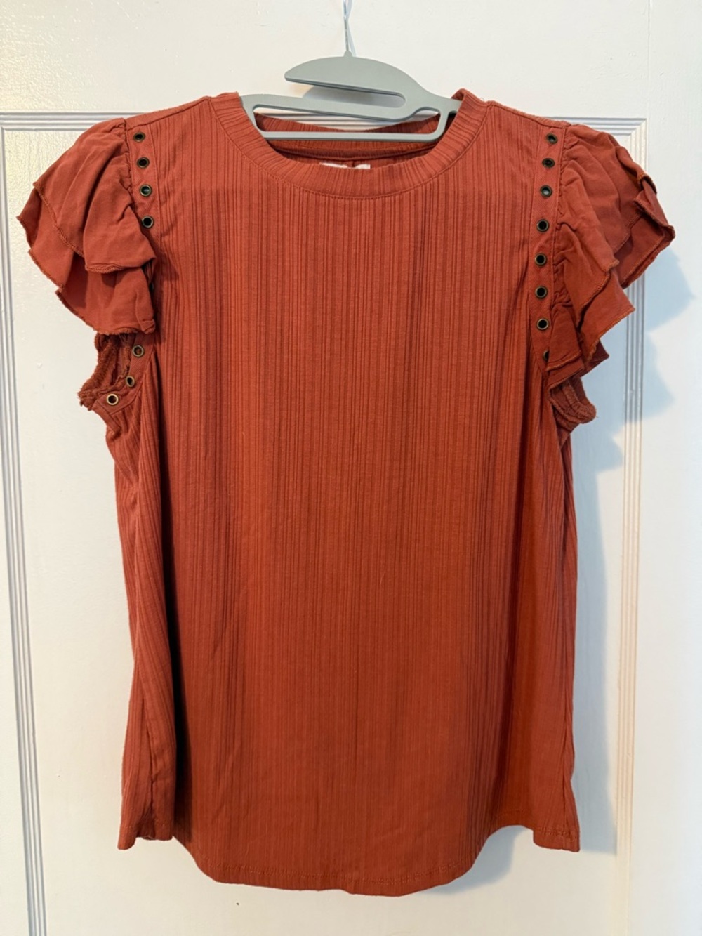 Maurices Rust Ribbed Short Sleeve Top with Eyelet Accents